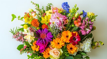 A close-up of a beautiful bouquet of fresh flowers, with vibrant colors and delicate petals, arranged artistically on a light solid color background