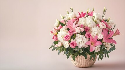 A beautiful arrangement of fresh flowers in shades of pink and white, symbolizing love and appreciation for mothers, set against a light solid color background