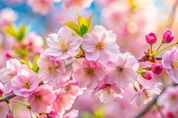 Obraz premium Beautiful Cherry Blossom Background with Soft Pink Flowers and Gentle Green Leaves in Springtime