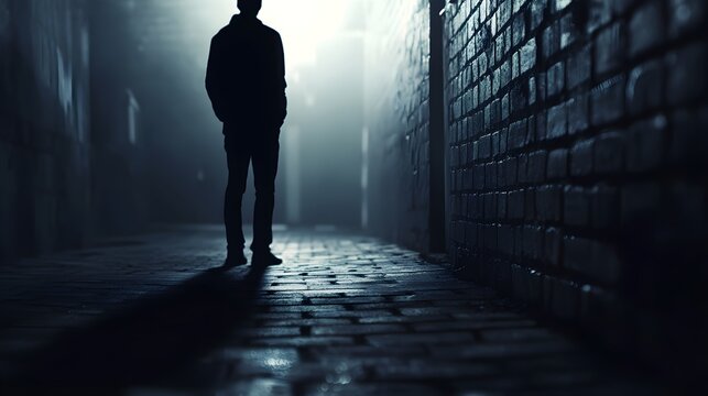 A shadowy figure standing in a dimly lit alley, shrouded in mystery, with a blurred background and ample copy space