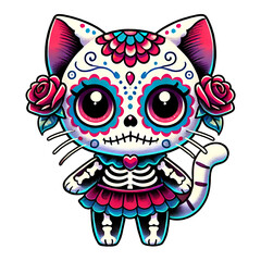 Fototapeta premium Day of the Dead Cat Skeleton with Roses and Dress, Colorful Dia de los Muertos Sugar Skull Kitten Illustration 