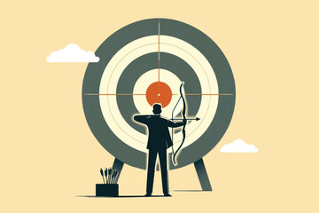 A businessman holding a bow and arrow in front of a large target target