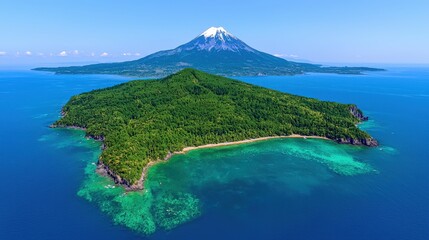 Naklejka premium Aerial View of Lush Island with Mountain in Distance Blue Water and Green Trees