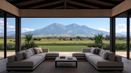 Fototapeta premium Modern Living Room With Mountain View Sectional Sofa Patio Doors Contemporary Interior