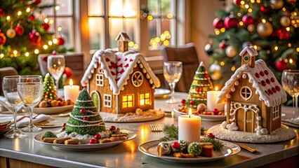 Beautifully Decorated Christmas Dinner Table with Gingerbread Houses as Unique Place Cards