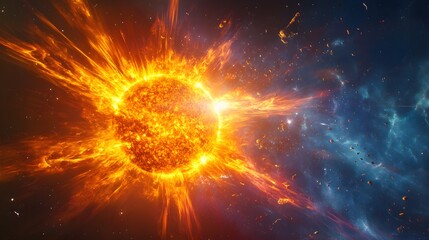 Fototapeta premium A close-up of the sun emitting radiant beams, surrounded by cosmic dust and a deep blue void