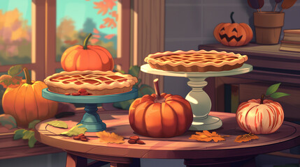 Obraz premium Fall cozy with pies and pumpkins. 