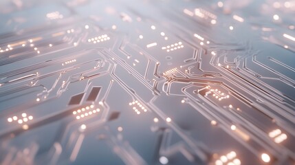 A close-up view of a futuristic circuit board with intricate designs and luminous connections, set against a light solid color background