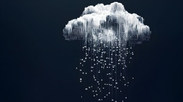 A stylized representation of a digital cloud with binary code raining down, emphasizing abstract technology in a minimalist space