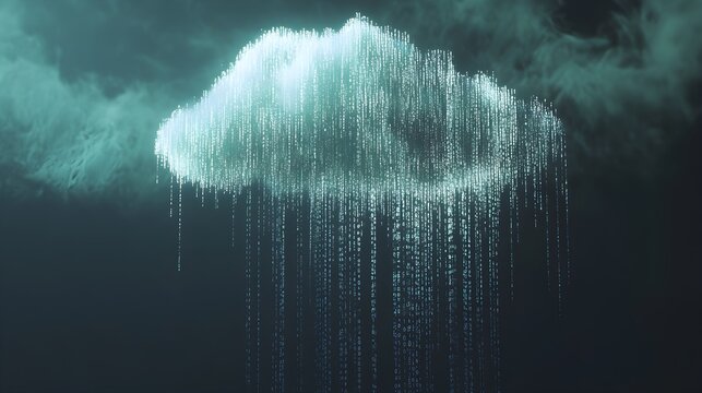 A stylized representation of a digital cloud with binary code raining down, emphasizing abstract technology in a minimalist space