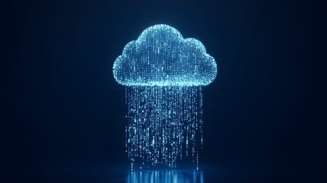 A stylized representation of a digital cloud with binary code raining down, emphasizing abstract technology in a minimalist space