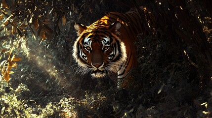 A majestic Bengal tiger prowling through the dense underbrush of the Indian jungle, with dappled sunlight filtering through the leaves