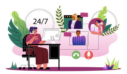 Customer service woman. Young girl answers customer questions. Call center and hit line operator. Communication and consultation. Flat vector illustration