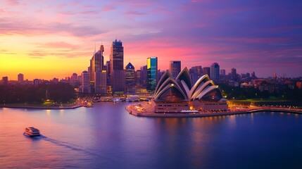 A vibrant city skyline at sunset, showcasing famous landmarks and a sense of adventure
