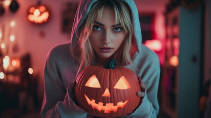 Halloween Night with Hooded Girl Holding Glowing Jack-O-Lantern
