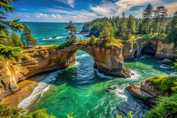 Breathtaking Natural Bridges on the Oregon Coast Surrounded by Rugged Cliffs and Lush Greenery