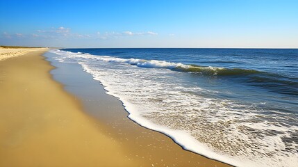 A serene beach scene with soft waves lapping at the shore, golden sand stretching into the distance, and a clear blue sky overhead