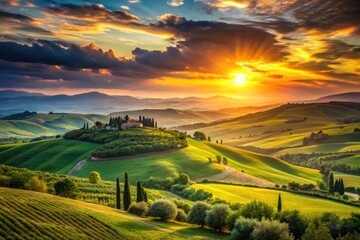 Naklejka premium Breathtaking Sunset Over Rolling Hills of Tuscany, Italy with Vibrant Colors and Scenic Landscape