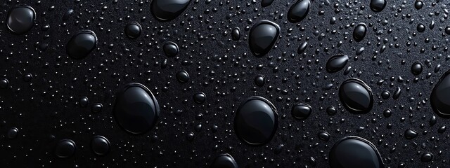  Water drops on a black background. Glass texture with droplets. Surface wet with dew. Abstract wallpaper in bubbles. 