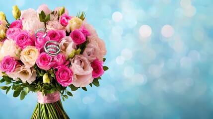 Obraz premium Wedding Bouquet with Diamond Rings and Pink Roses on Blue Bokeh Background