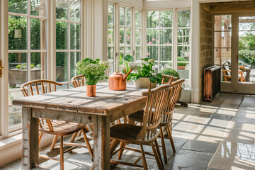 Obraz premium Stylish composition of oak wooden table, copper watering can, and modern floor in beautiful orangery with lush greenery and natural decor.