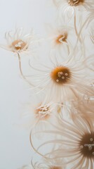 A close-up of delicate sea anemones swaying gently in the water, with a light solid color background providing contrast