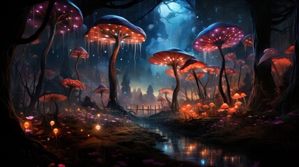 Enchanted Forest with Glowing Mushrooms and a Mystical Stream
