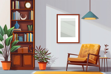 Stylish Retro Living Room with Brown Armchair, Wooden Bookcase, Pendant Lamp, and Elegant Home Decor