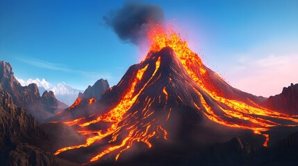 Fototapeta premium A dramatic view of an erupting volcano with lava flowing down its slopes, set against a clear blue sky