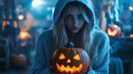 Halloween Night with Hooded Girl Holding Glowing Jack-O-Lantern
