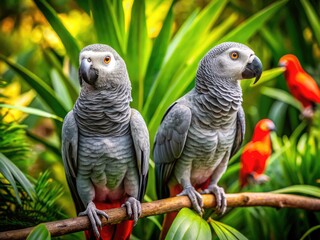Captivating African Gray Birds Perched Gracefully in Lush Greenery Showcasing Their Vibrant Feathers
