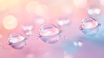 Fototapeta premium Crystal clear water droplets on a smooth surface, reflecting light, with a soft pastel background