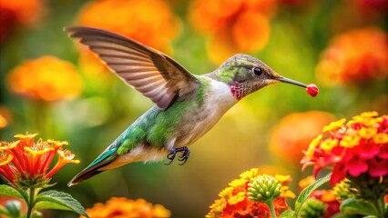 Obraz premium Captivating Close-Up of a Hummingbird Feeding on Vibrant Flowers in a Lush Garden Setting