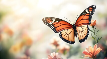 Fototapeta premium A realistic depiction of a butterfly in flight, showcasing intricate wing patterns, with a blurred floral background providing depth