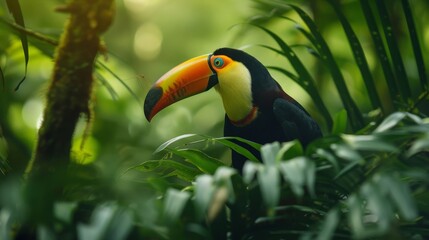 Intimate portrait of a toucan in a verdant forest, its iconic beak a splash of color against the all-green environment