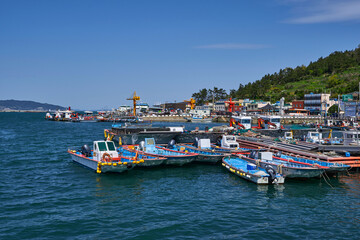 Cheongsando Island, Wando-gun, Jeollanam-do, South Korea - April 21, 2020: Fishing boats moored at the port