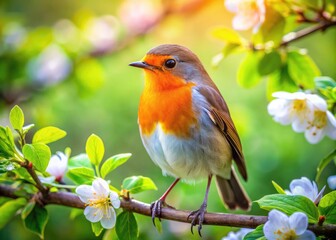 Charming Robin Redbreast Birds Perched on Branches in a Lush Green Garden During Springtime Sunshine