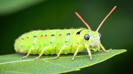 Fototapeta premium Close up of Green Caterpillar with Red Antennae on Leaf