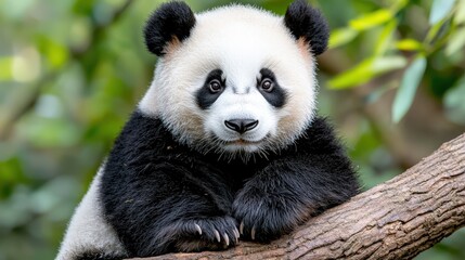 Adorable Giant Panda Cub Sitting on Branch in Forest