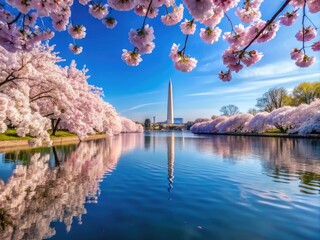 Cherry Blossom Splendor in Washington DC with Pink and White Hues Against a Clear Blue Sky