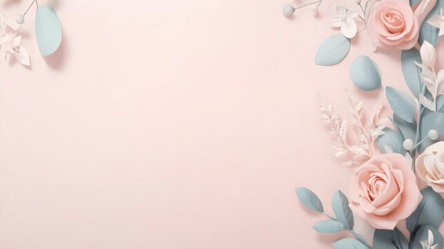 Elegant wedding invitation card design with floral embellishments on a soft pastel background, featuring ample copy space for personalized text