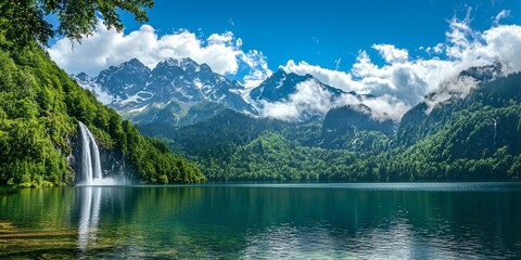 Beautiful scenery, blue sky and white clouds, waterfalls slowly flowing down from the high mountains in the clouds, clear lake water, there is a large greeting pine in the upper left corner of the pic