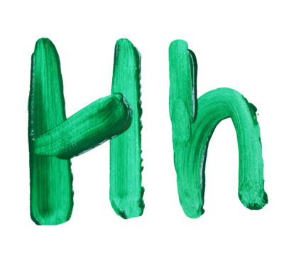 Artistic representation of the letters H and h painted in vibrant green with transparent image of PNG format extension.
