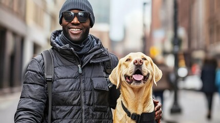 A visually impaired person walking confidently with a guide dog, navigating the city streets, smiling as they greet neighbors, displaying independence and community connections