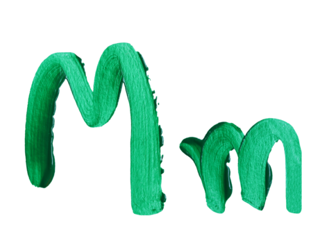 Artistic representation of the letters M and m painted in vibrant green with transparent image of PNG format extension.