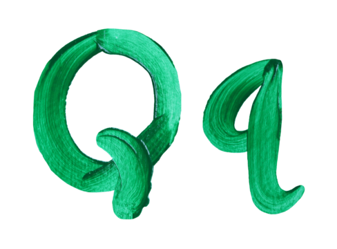 Artistic representation of the letters Q and q painted in vibrant green with transparent image of PNG format extension.