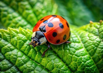 Obraz premium Close-up of a vibrant ladybird insect perched on a green leaf in a natural outdoor environment