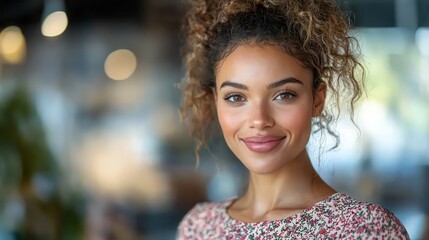 Obraz premium Portrait of Happy Young Woman with Curly Hair