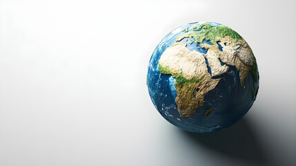 A realistic 3D globe representation of the Earth, emphasizing geographical features, with ample copy space for text