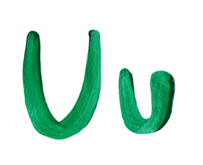 Artistic representation of the letters U and u painted in vibrant green with transparent image of PNG format extension.